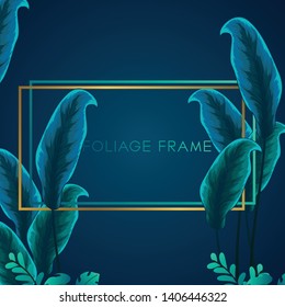 Tropical greenery foliage frame background. Frame background with tropical foliage ornament
