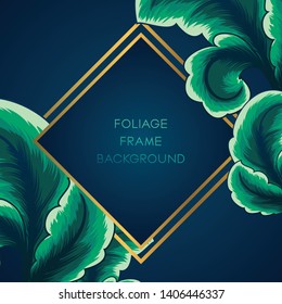 Tropical greenery foliage frame background. Frame background with tropical foliage ornament