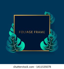 Tropical greenery foliage frame background. Frame background with tropical foliage ornament