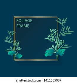 Tropical greenery foliage frame background. Frame background with tropical foliage ornament