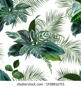 Tropical greenery print with exotic palm leaves, calathea, monstera, salal. Botanical emerald pattern. Vintage style. Island design. Seamless summer vector pattern. Simple backdrop on white background