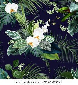 Tropical greenery print with exotic palm leaves, white orchid, monstera. Botanical emerald pattern. Vintage style. Island design. Seamless summer vector pattern. Simple backdrop on white background