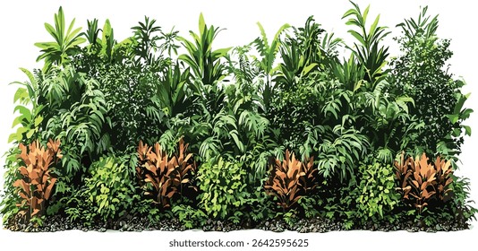 Tropical greenery vector, shrubs row, tropical cutout, jungle leaves, green nature, tropical plants,  background, lush foliage, foliage, nature plants