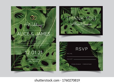 Tropical Greenery Wedding Invitation Printable, Summer Beach Wedding Invite Hawaii Destination Wedding Invitation set geometric palm leaves