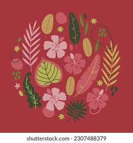 Tropical greeting card with hibiscus, palm leaves, exotic foliage on pink background. Circle ornament. Perfect for summer holidays and decorations. Vector illustration