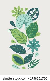 Tropical greeting card with jungle leaves on green background. Rectangle floral poster. Perfect for summer holidays. Vector illustration 