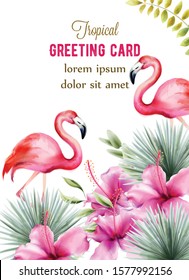 Tropical greeting card with palm leaves, hibiscus flowers and pink flamingo. Watercolor vector