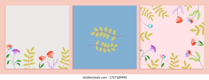 Tropical greeting card set. Minimalistic floral cards. Exotic branches and flowers. Botanical frames vector illustration collection. Jungle borders, wreaths and modern calligraphy lettering.