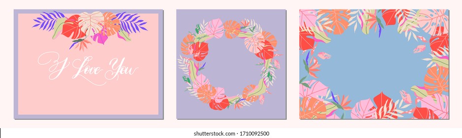 Tropical greeting card set. Modern Hawaiian cards. Exotic branches and flowers. Botanical frames vector illustration collection. Jungle borders, wreaths  and modern calligraphy lettering: I love you.