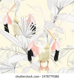 Tropical grey palm leaves, pelican bird, floral seamless pattern on yellow background. Exotic jungle bird wallpaper.