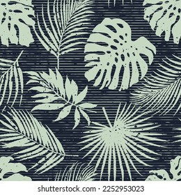 Tropical grunge monstera and palm leaves wallpaper abstract vector seamless pattern