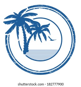 Tropical grunge rubber stamp with palm and space for your text on white, vector illustration