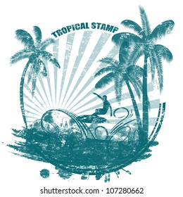 Tropical grunge rubber stamp with palms and surfer, vector illustration