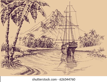 Tropical gulf and boat. Pirate's bay illustration