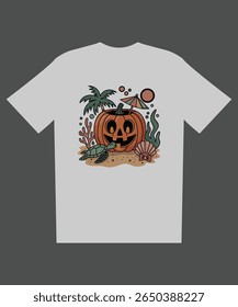 Tropical Halloween Pumpkin Cocktail:  Sea Turtle, Palm Tree, and Seashell Beach Scene Illustration