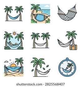 Tropical hammock icons hanging between lush palm trees.