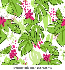 Tropical hand draw seamless pattern with monstera leaves, parrots - toucans, pink tropic flowers, mixed with paint drops and abstract elements on white background. Tropical hand draw seamless pattern