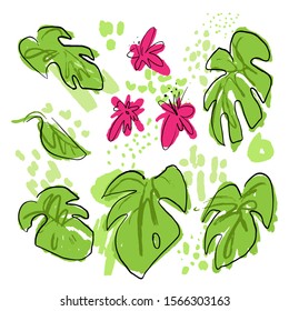 Tropical hand draw vector collection with monstera leaves, palms leaf, pink tropic flowers, mixed with paint drops and abstract elements on white background. set of Tropical sketched elements