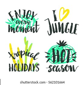 Tropical hand drawn  calligraphy elements. Vector collection of bright summer lettering. Beautiful  quotes posters with palm leaves and cacti. 