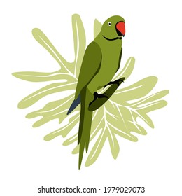 Tropical hand drawn colorful parrott with leaf background. Necklace parrot green plums red beak. Vector illustration isolated on white background.