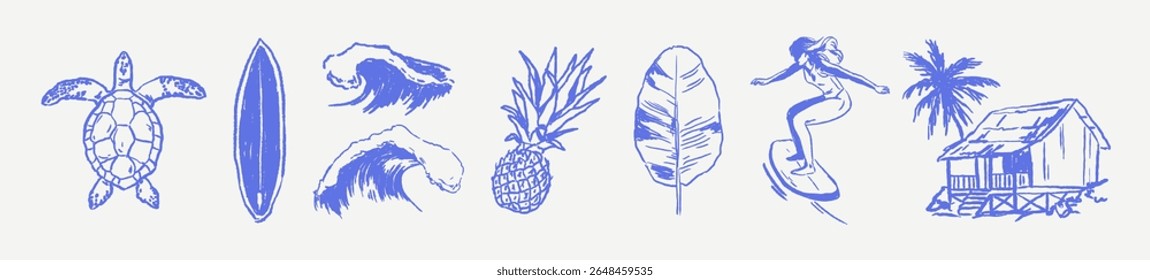 Elementos desenhados à mão tropical em estilo de giz ingênuo. Ondas, palmeira, prancha de surf, menina surfista, tartaruga, cabana de praia. Elementos para cartazes de viagem, gráficos com temas de surf, design de etiqueta de verão.