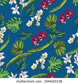 Tropical hand drawn exotic collection seamless pattern with leaves and flowers. Package design.