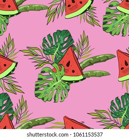 Tropical hand drawn exotic collection seamless pattern with leaves and watermelon. Package, wallpaper, textile, cover, design.