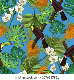 Tropical hand drawn exotic collection seamless pattern with leaves, pineapples, orchids, and toucans. Package, wallpaper, textile, cover, design.