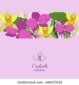 Tropical hand drawn exotic collection background with orchids flowers.