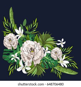 Tropical hand drawn exotic collection background with leaves and flowers.