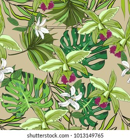 Tropical hand drawn exotic seamless pattern with leaves and flowers. Package design.