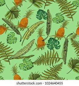 Tropical hand drawn exotic seamless pattern with leaves and fruits. Package design.