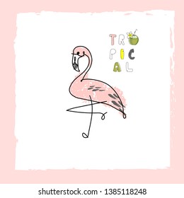 tropical hand drawn flamingo bird in cartoon hand drawn style