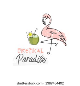 tropical hand drawn flamingo bird in cartoon hand drawn style