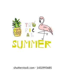 tropical hand drawn flamingo bird and pineapple fruit in cartoon hand drawn style
