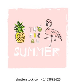 tropical hand drawn flamingo bird and pineapple fruit in cartoon hand drawn style