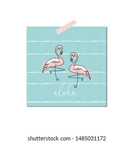 tropical hand drawn flamingo birds in cartoon hand drawn style. cute greeting card,  party invitation, postcard, birthday, baby shower