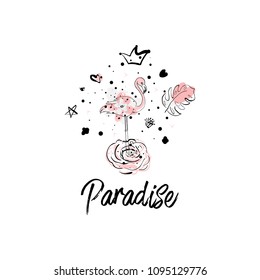 Tropical hand drawn flamingo illustration design in pastel pink with trendy hipster decoration elements. Modern print for wedding, invitations, greeting card, header, Valentine s day, anniversary, web