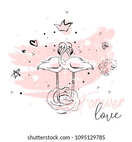 Tropical hand drawn flamingo illustration design in pastel pink with trendy hipster decoration elements. Modern print for wedding, invitations, greeting card, header, Valentine s day, anniversary, web