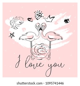 Tropical hand drawn flamingo illustration design in pastel pink with trendy hipster decoration elements. Modern print for wedding, invitations, greeting card, header, Valentine s day, anniversary, web