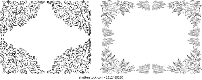 Tropical hand drawn floral frames. Outline set. Jungle foliage illustration. Floral set. Hand drawing. Vector isolated collection. Natural spring wedding card. Summer tropical leaf. Botanical frames