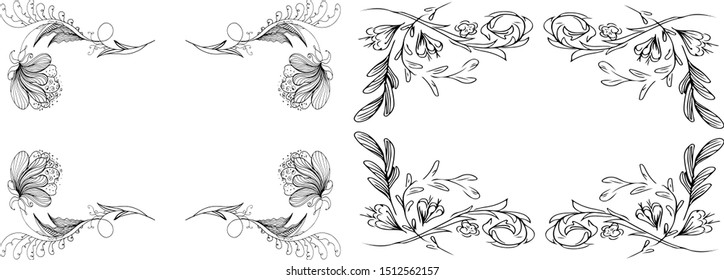 Tropical hand drawn floral frames. Outline set. Jungle foliage illustration. Floral set. Hand drawing. Vector isolated collection. Natural spring wedding card. Summer tropical leaf. Botanical frames