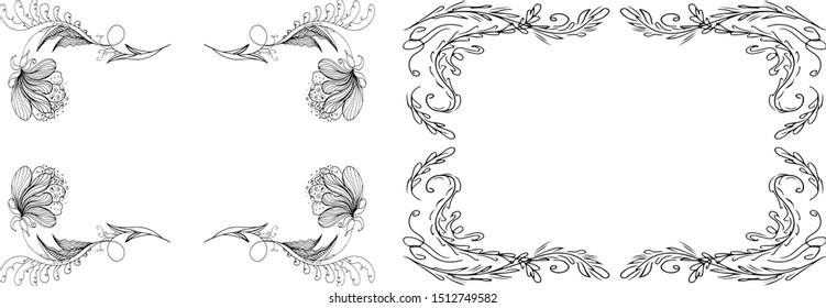 Tropical hand drawn floral frames. Outline set. Jungle foliage illustration. Floral set. Hand drawing. Vector isolated collection. Natural spring wedding card. Summer tropical leaf. Botanical frames