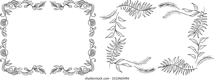Tropical hand drawn floral frames. Outline set. Jungle foliage illustration. Floral set. Hand drawing. Vector isolated collection. Natural spring wedding card. Summer tropical leaf. Botanical frames