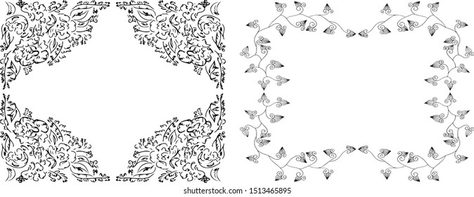 Tropical hand drawn floral frames. Outline set. Jungle foliage illustration. Floral set. Hand drawing. Vector isolated collection. Natural spring wedding card. Summer tropical leaf. Botanical frames