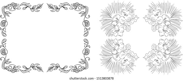Tropical hand drawn floral frames. Outline set. Jungle foliage illustration. Floral set. Hand drawing. Vector isolated collection. Natural spring wedding card. Summer tropical leaf. Botanical frames