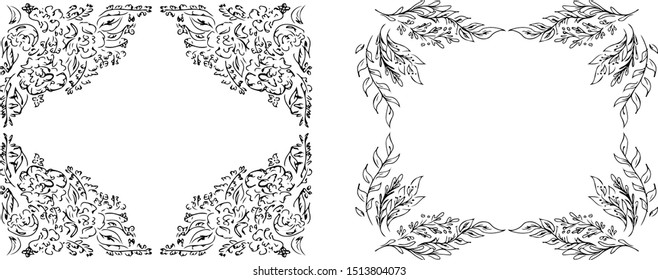 Tropical hand drawn floral frames. Outline set. Jungle foliage illustration. Floral set. Hand drawing. Vector isolated collection. Natural spring wedding card. Summer tropical leaf. Botanical frames