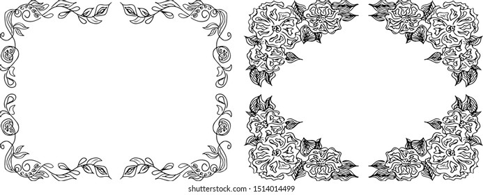 Tropical hand drawn floral frames. Outline set. Jungle foliage illustration. Floral set. Hand drawing. Vector isolated collection. Natural spring wedding card. Summer tropical leaf. Botanical frames