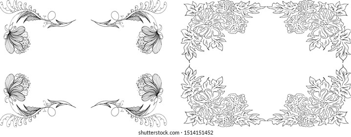 Tropical hand drawn floral frames. Outline set. Jungle foliage illustration. Floral set. Hand drawing. Vector isolated collection. Natural spring wedding card. Summer tropical leaf. Botanical frames