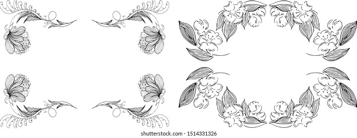 Tropical hand drawn floral frames. Outline set. Jungle foliage illustration. Floral set. Hand drawing. Vector isolated collection. Natural spring wedding card. Summer tropical leaf. Botanical frames